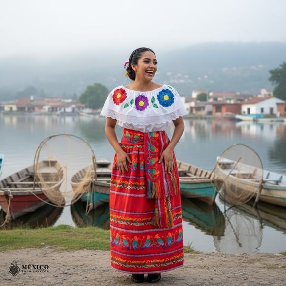 Traditional Mexican Floral Cambaya Dress Set – Handmade Two-Piece Skirt & Blouse - Picture 3 of 7